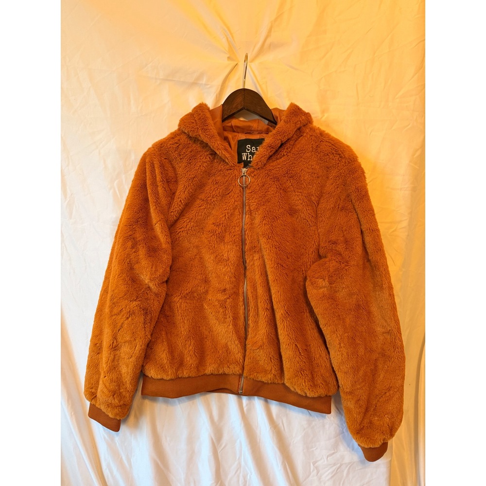 Say What Womens Faux Fur Hooded Bomber Jacket Burnt Orange Rust XL